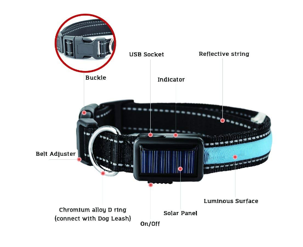 Solar LED Dog Collar – Rechargeable Safety Collar with Solar & USB Charging, Reflective High-Visibility Night Collar
