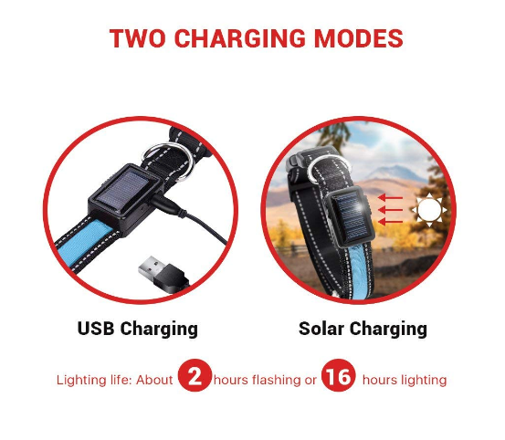 Solar LED Dog Collar – Rechargeable Safety Collar with Solar & USB Charging, Reflective High-Visibility Night Collar